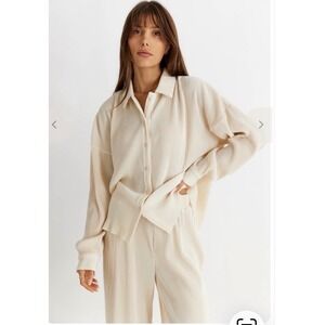 ALL ROW Plisse Luke Long Sleeve Button Up Cream Top Large | EUC